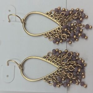 Elegant Brushed Gold Tone Purple Beaded Dangle Earrings